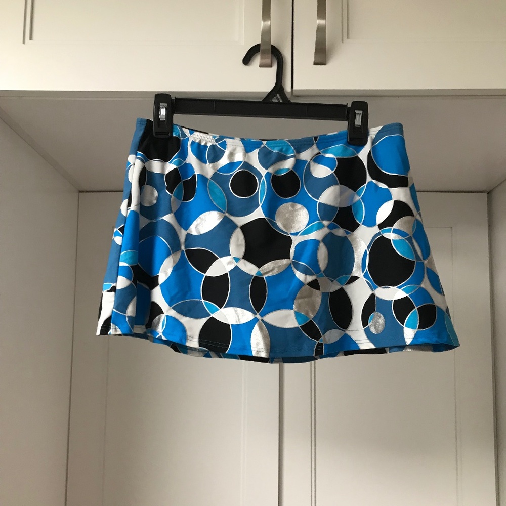 Bikini Bay Skirted Swimsuit bottom Women’s US 12 Blue Silver Black Circles